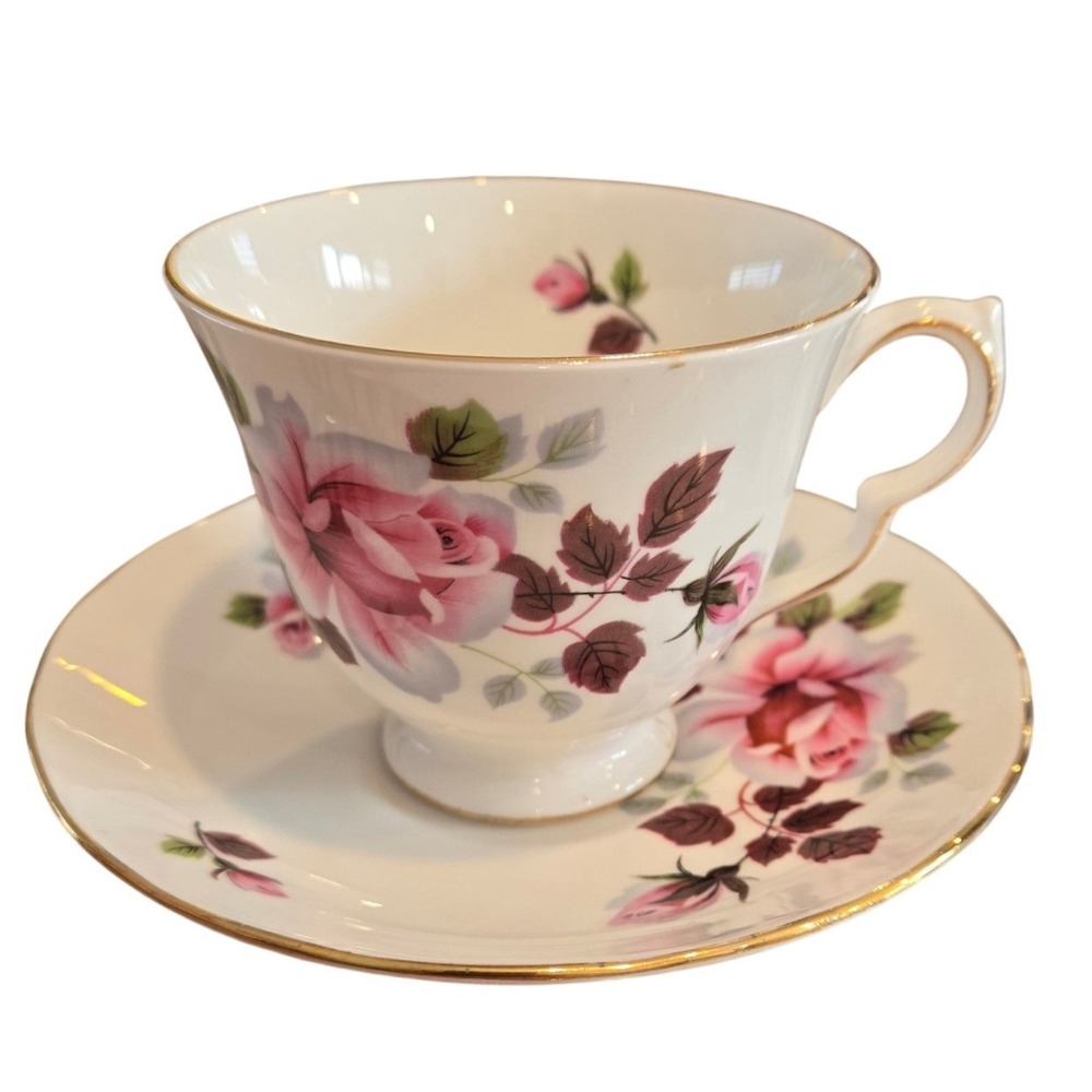 Queen Anne Bone‎ China Tea Cup Saucer Set Pink Rose Gold Trim England  Vintage